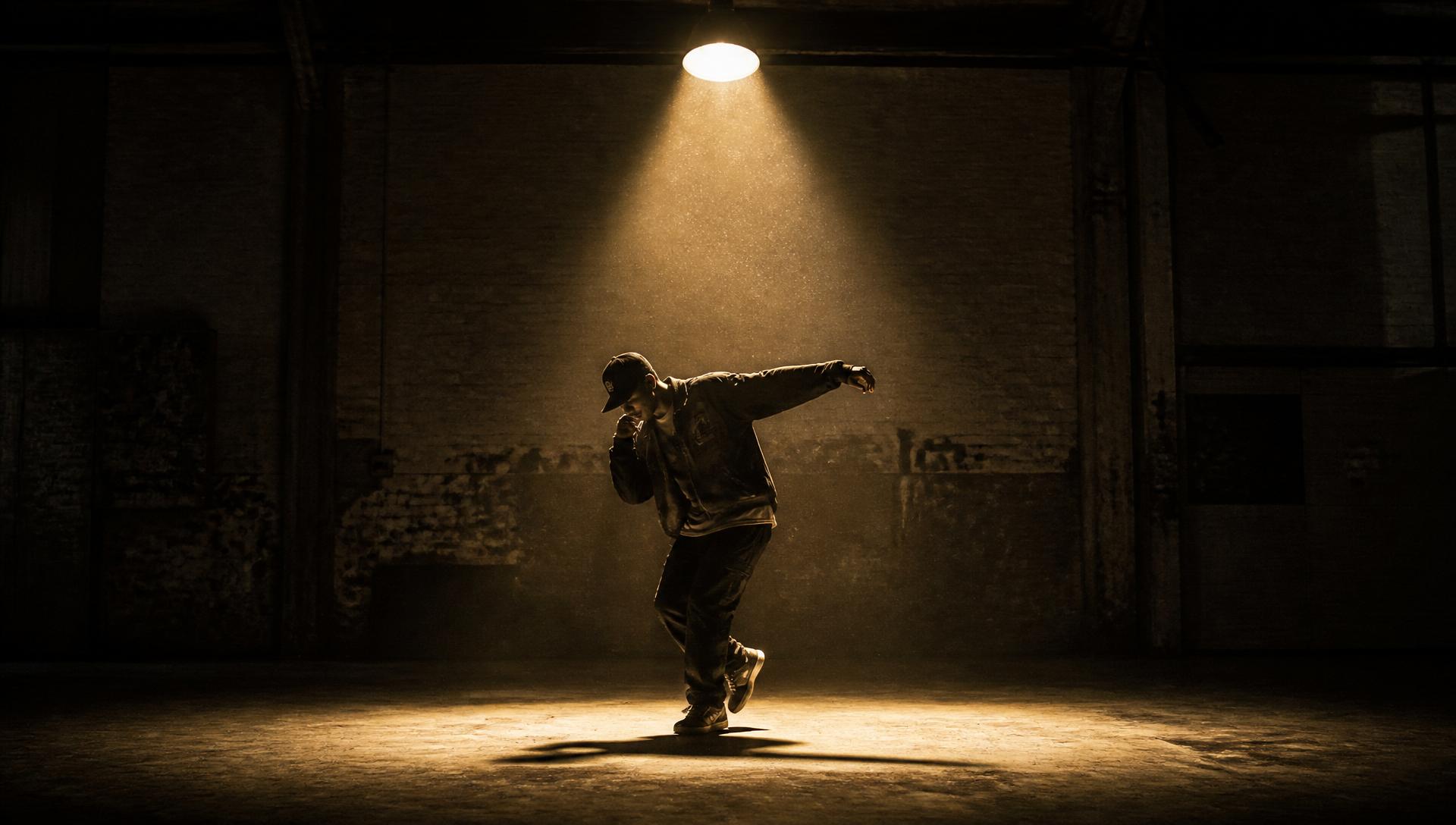 A hip-hop dancer moving beneath a single overhead spotlight in a dim warehouse